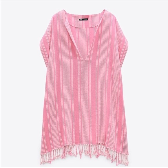 ZARA kaftan fringe coverup Cotton Pink striped medium large - Picture 2 of 7